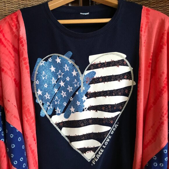 Upcycled Patriotic Poncho T-Shirt, Fits L-4X: Oversized Handmade Cropped Tunic - Picture 11 of 13